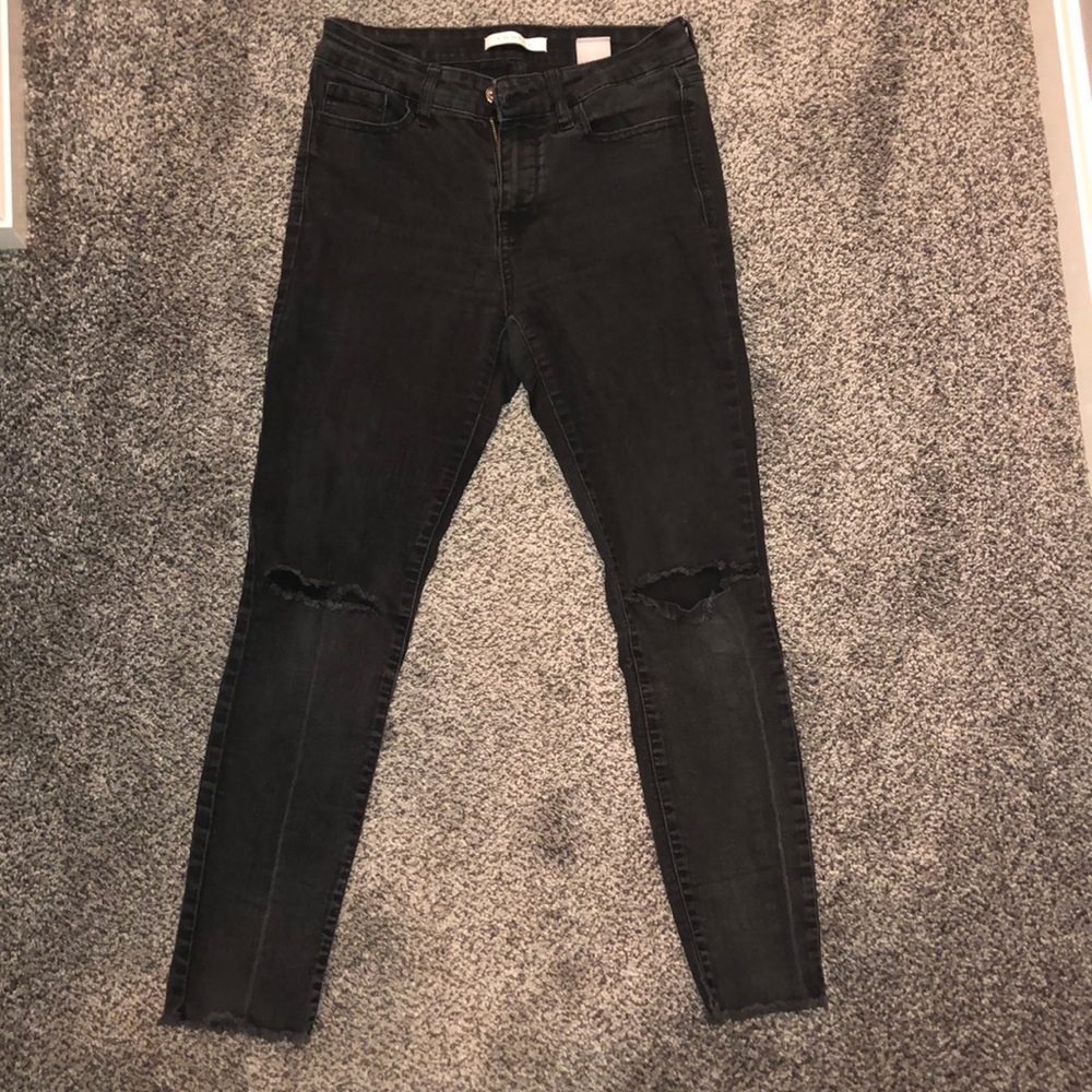 High Waisted Black Jeans with rips at knees